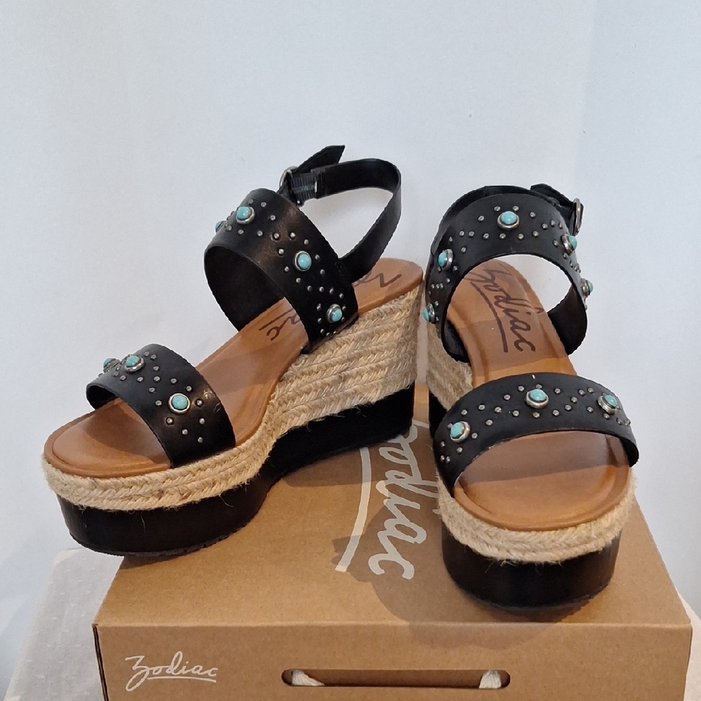 Zodiac Yana  Black and Turquoise Studded Platform Wedge Espadrille Sandals